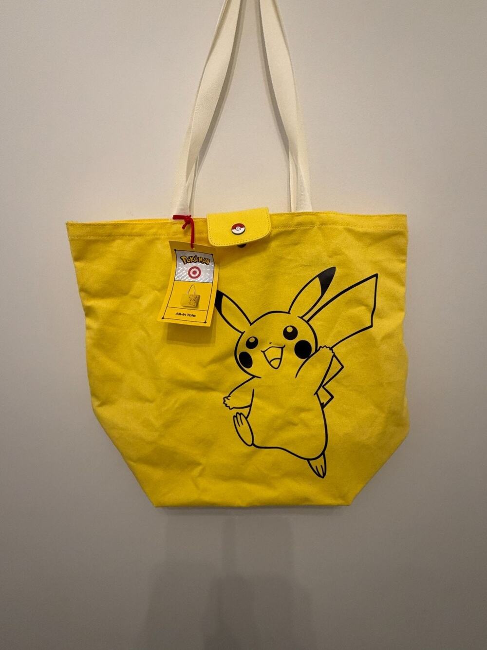 Pokemon Pikachu Yellow Canvas Tote Bag With Pokeball Snap Closure